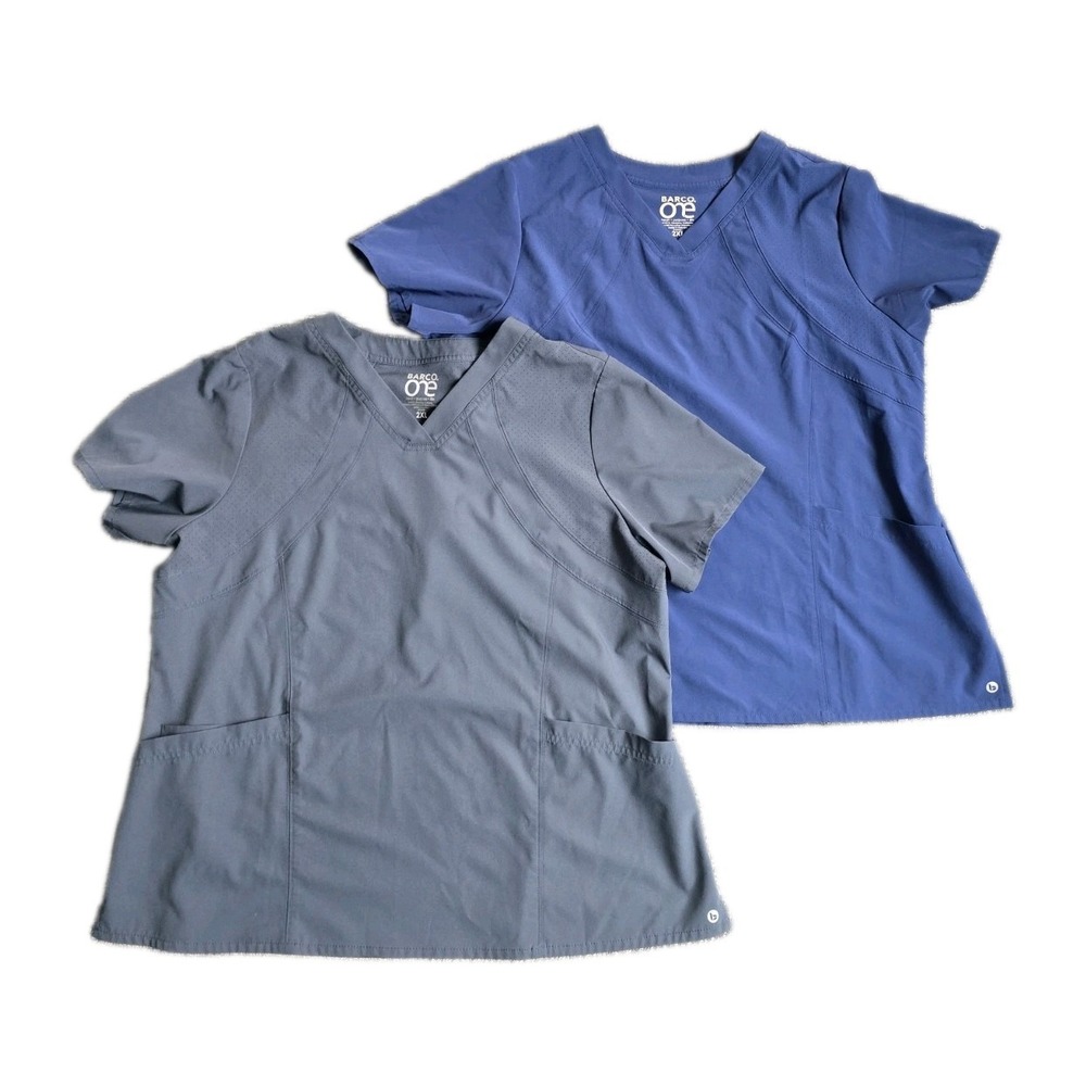 Lot of 2 Barco One 3-Pocket V-Neck Scrub Tops Women's 2XL Grey Blue Medical
